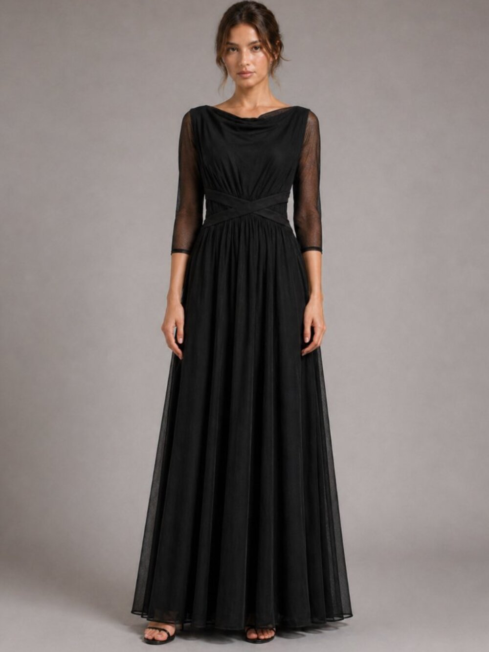 Chiara Boni La Petite Robe Long Sleeve Formal Gown with Overskirt | Wide Neck